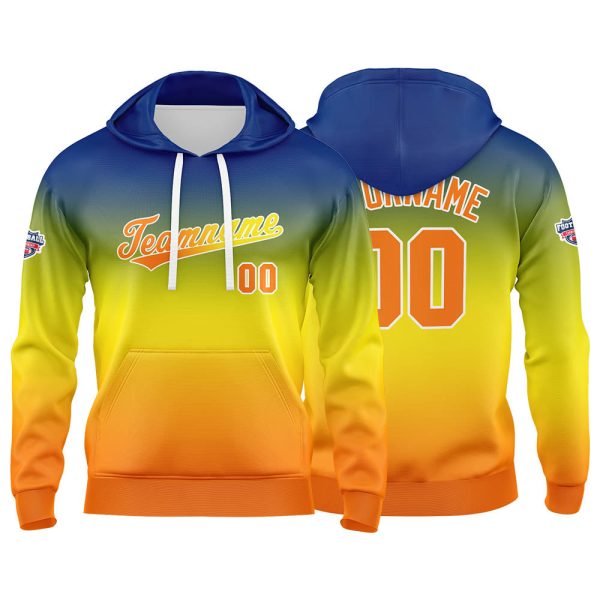 Benutzerdefinierter Verlauf Hoodie für Mann, Frau, Mädchen, Junge. Drucken Sie Ihr Logo, Ihren Namen und Ihre Nummer Gelb Orange Mode