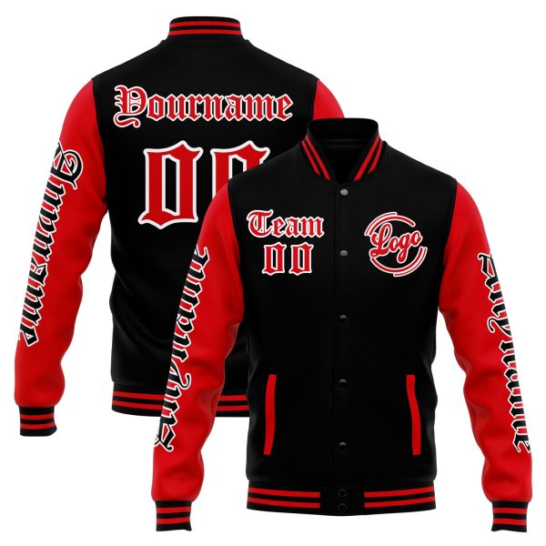 Benutzerdefinierte Varsity-Jacke. Letterman-Jacke für Männer, Frauen und Jugendliche Schwarz Rot Angebot