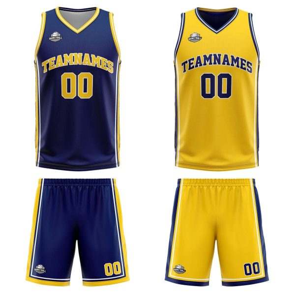 Benutzerdefinierte Marine Gelb Reversible Basketball Jersey Personalisierte Print Name Nummer Logo Zu verkaufen – Bild 3