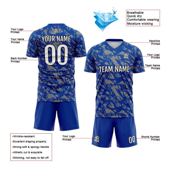 Benutzerdefinierte Royal Grau Fußball Trikots für Männer Frauen Personalisierte Fußball Uniformen für Erwachsene und Kind Zu verkaufen – Bild 3