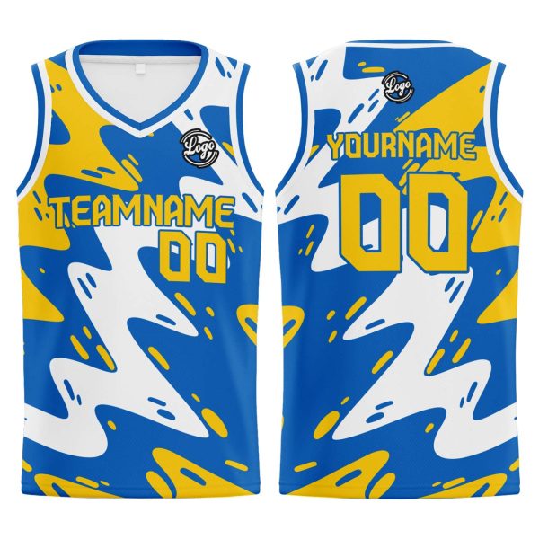 Benutzerdefinierter Blau Gelb Basketball Jersey Uniform Anzug gedruckt Ihr Logo Name Nummer Online-Verkauf