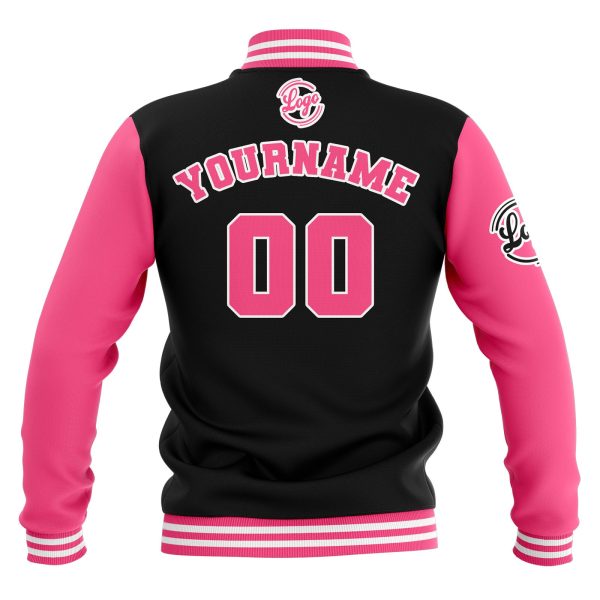 Benutzerdefiniert  Schwarz Rosa Weiß Wasserdichte Varsity Jacken Personalisiert genäht Name Nummer Logo zu Letterman Jacken Zu verkaufen – Bild 3