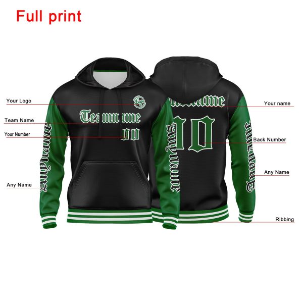 Benutzerdefinierter Grün Schwarz Hoodie für Mann, Frau, Mädchen, Junge. Drucken Sie Ihr Logo, Ihren Namen und Ihre Nummer Im Angebot – Bild 2