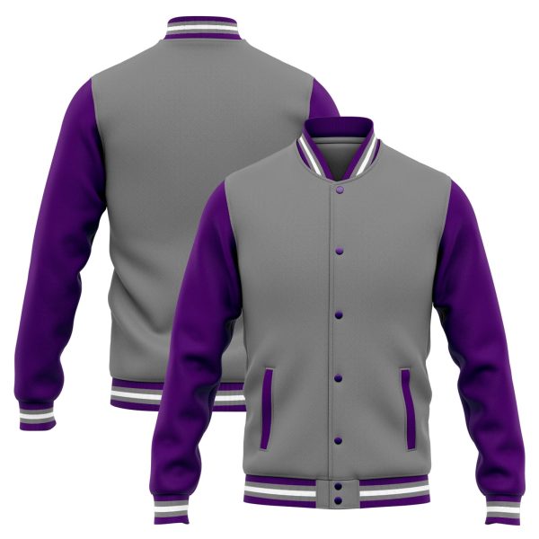 Benutzerdefinierte Varsity-Jacke. Letterman-Jacke für Männer, Frauen und Jugendliche Grau Lila Im Angebot – Bild 3