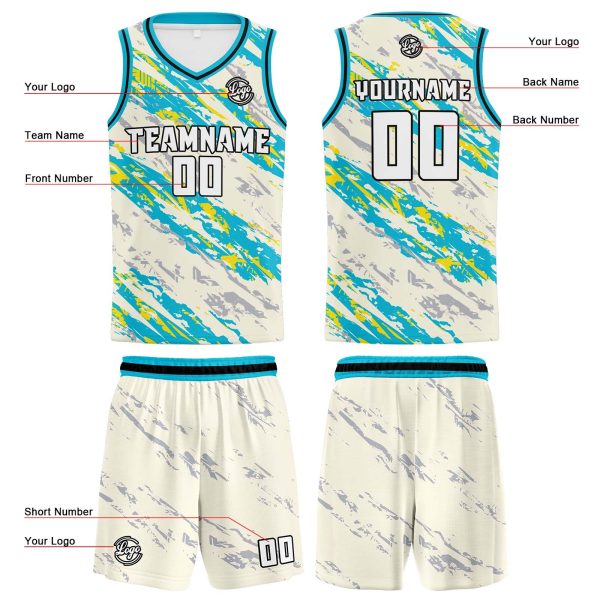 Benutzerdefinierte Creme Hellblau Reversible Basketball Jersey Personalisierte Print Name Nummer Logo Angebot – Bild 3