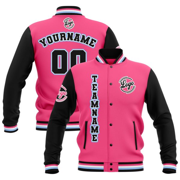 Benutzerdefiniert  Schwarz Rosa Hellblau Wasserdichte Varsity Jacken Personalisiert genäht Name Nummer Logo zu Letterman Jacken Angebot
