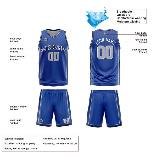 Benutzerdefinierte Blau Weiß Grau Reversible Basketball Jersey Personalisierte Print Name Nummer Logo Mode – Bild 4