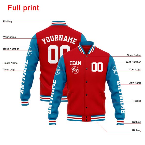 Benutzerdefinierte Varsity-Jacke. Letterman-Jacke für Männer, Frauen und Jugendliche Blau Rot Verkauf – Bild 4