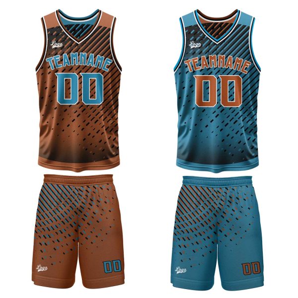 Benutzerdefinierte Braun Blau Reversible Basketball Jersey Personalisierte Print Name Nummer Logo Verkauf – Bild 2