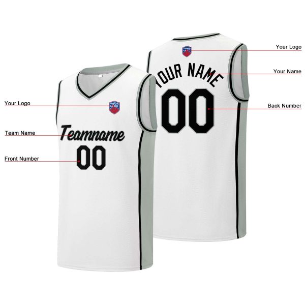 Individuelle Basketball-Jersey-Shorts für Männer und Frauen. Gestickter und gedruckter Name, Nummer und Logo Weiß&Grau Verkauf – Bild 5