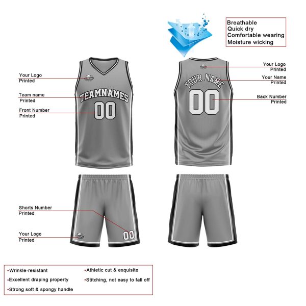 Benutzerdefinierte Grau Weiß Schwarz Reversible Basketball Jersey Personalisierte Print Name Nummer Logo Angebot – Bild 4