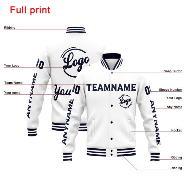 Benutzerdefinierte Varsity-Jacke. Letterman-Jacke für Männer, Frauen und Jugendliche Marine Weiß Rabatt – Bild 4