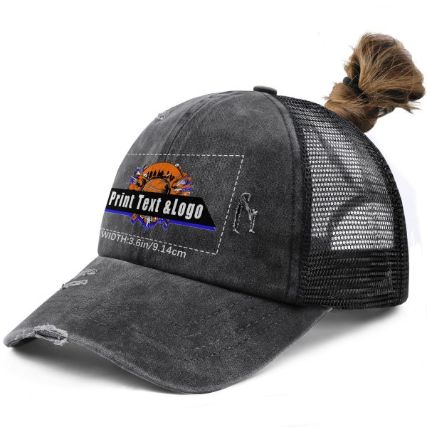 Kundenspezifisch Dunkelgrau gewaschener Mesh-Cowboy-Hut für Männer und Frauen mit Pferdeschwanz und Klettverschluss Kann mit Logo-Text bedruckt werden Online-Verkauf – Bild 2