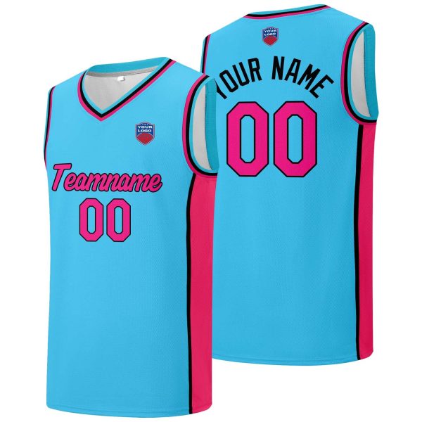 Individuelle Basketball-Jersey-Shorts für Männer und Frauen. Gestickter und gedruckter Name, Nummer und Logo Hellblau&Pink Online-Verkauf