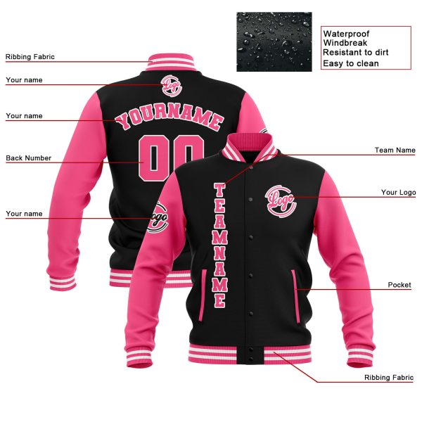 Benutzerdefiniert  Schwarz Rosa Weiß Wasserdichte Varsity Jacken Personalisiert genäht Name Nummer Logo zu Letterman Jacken Zu verkaufen – Bild 4