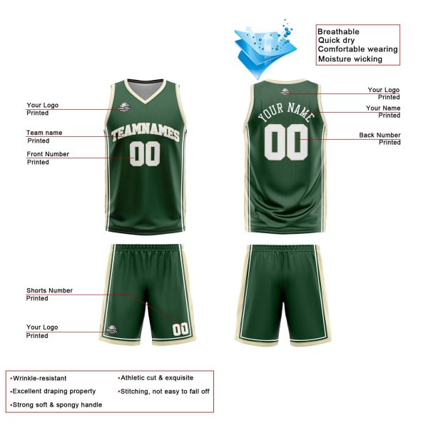 Benutzerdefinierte Dunkelgrün Weiß Creme Reversible Basketball Jersey Personalisierte Print Name Nummer Logo Jetzt online – Bild 4