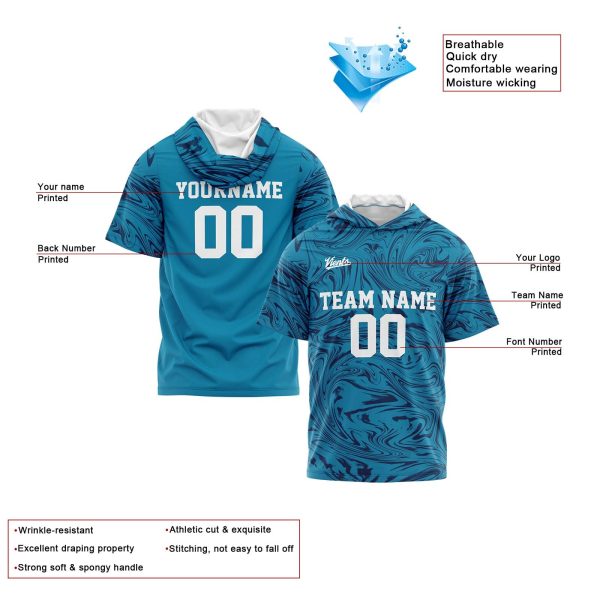 Benutzerdefinierte Aqua Marine Kurzarm-Kapuzenpullover für Männer Frauen Hemden mit Kapuzen gedruckt Name Logo Jetzt online – Bild 2
