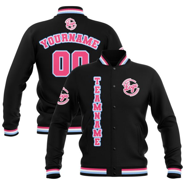 Benutzerdefiniert  Schwarz Rosa Hellblau Wasserdichte Varsity Jacken Personalisiert genäht Name Nummer Logo zu Letterman Jacken Zu verkaufen