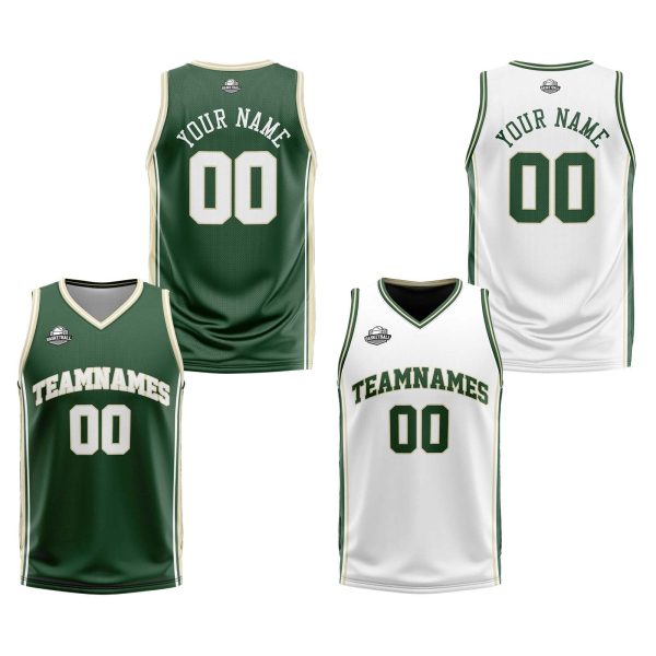 Benutzerdefinierte Dunkelgrün Weiß Creme Reversible Basketball Jersey Personalisierte Print Name Nummer Logo Jetzt online