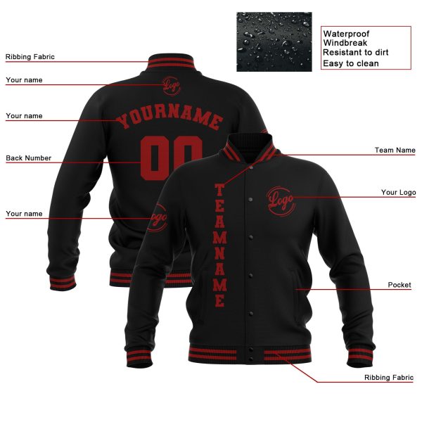 Benutzerdefiniert Schwarz Rot Wasserdichte Varsity Jacken Personalisiert genäht Name Nummer Logo zu Letterman Jacken Online-Verkauf – Bild 4