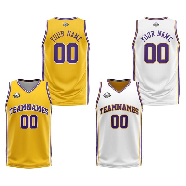 Benutzerdefinierte Gelb Weiß Lila Reversible Basketball Jersey Personalisierte Print Name Nummer Logo Online-Schn?ppchen