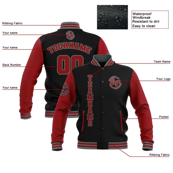 Benutzerdefiniert Schwarz Rot Grau Wasserdichte Varsity Jacken Personalisiert genäht Name Nummer Logo zu Letterman Jacken Schn?ppchen – Bild 4