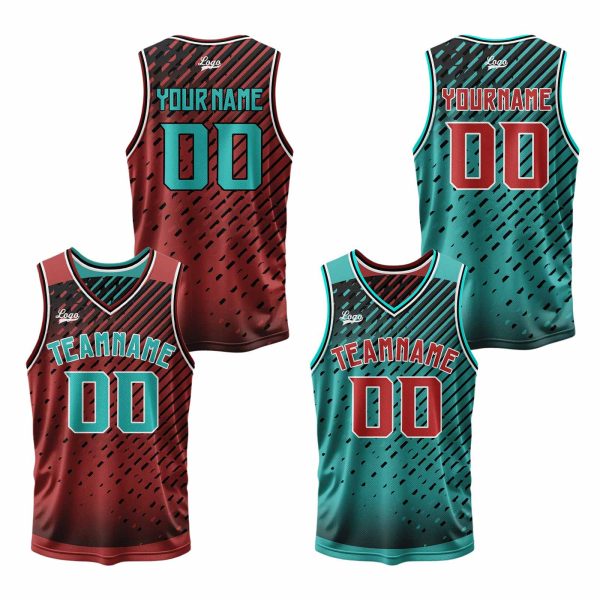 Benutzerdefinierte Cyan Rot Reversible Basketball Jersey Personalisierte Print Name Nummer Logo Verkauf