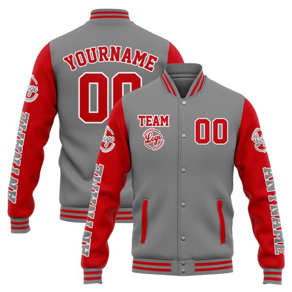Benutzerdefinierte Varsity-Jacke. Letterman-Jacke für Männer, Frauen und Jugendliche Grau Rot Online-Verkauf