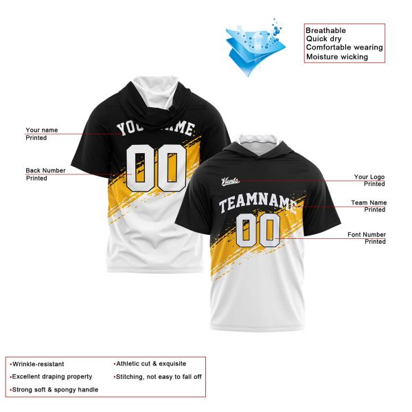 Benutzerdefinierte Schwarz Gelb Weiß Kurzarm-Kapuzenpullover für Männer Frauen Hemden mit Kapuzen gedruckt Name Logo Schn?ppchen – Bild 2