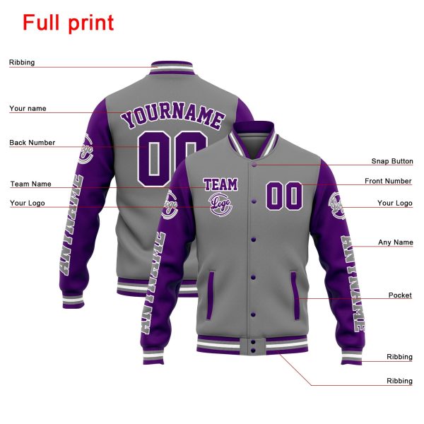 Benutzerdefinierte Varsity-Jacke. Letterman-Jacke für Männer, Frauen und Jugendliche Grau Lila Im Angebot – Bild 4