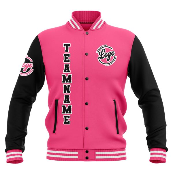 Benutzerdefiniert  Schwarz Rosa Weiß Wasserdichte Varsity Jacken Personalisiert genäht Name Nummer Logo zu Letterman Jacken Online – Bild 2