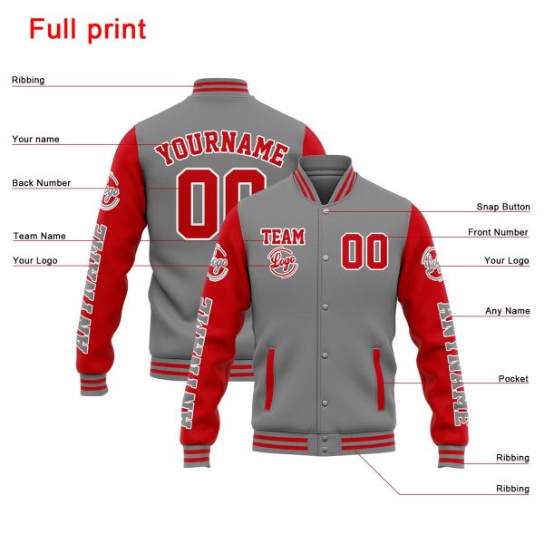 Benutzerdefinierte Varsity-Jacke. Letterman-Jacke für Männer, Frauen und Jugendliche Grau Rot Online-Verkauf – Bild 4
