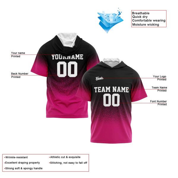 Benutzerdefinierte Schwarz Rosa Kurzarm-Kapuzenpullover für Männer Frauen Hemden mit Kapuzen gedruckt Name Logo Angebot – Bild 2