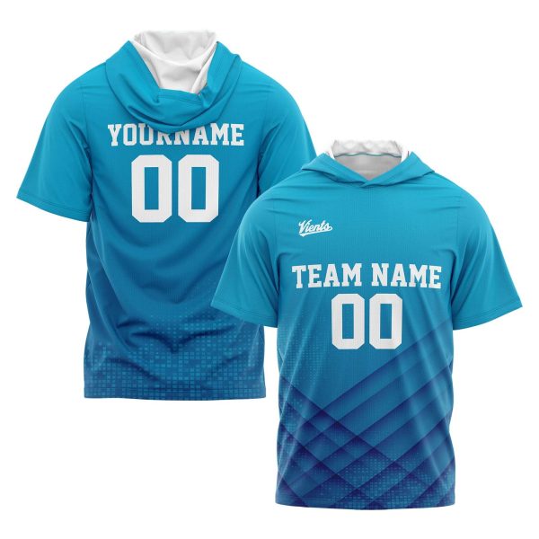 Benutzerdefinierte Aqua Kurzarm-Kapuzenpullover für Männer Frauen Hemden mit Kapuzen gedruckt Name Logo Rabatt