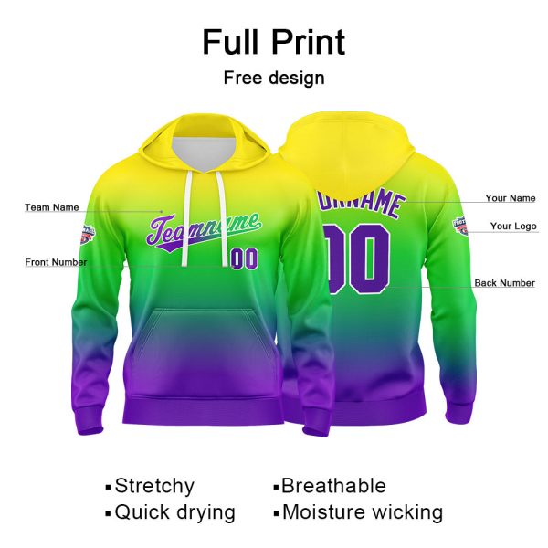 Benutzerdefinierter Verlauf Hoodie für Mann, Frau, Mädchen, Junge. Drucken Sie Ihr Logo, Ihren Namen und Ihre Nummer Gelb Grün Blau Online-Schn?ppchen – Bild 2