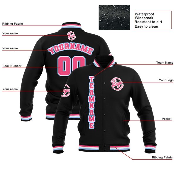 Benutzerdefiniert  Schwarz Rosa Hellblau Wasserdichte Varsity Jacken Personalisiert genäht Name Nummer Logo zu Letterman Jacken Zu verkaufen – Bild 4