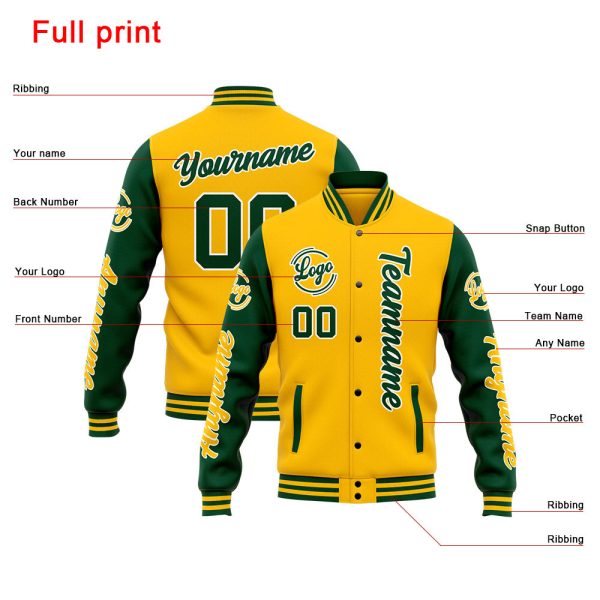 Benutzerdefinierte Varsity-Jacke. Letterman-Jacke für Männer, Frauen und Jugendliche Grün Gelb Zu verkaufen – Bild 4