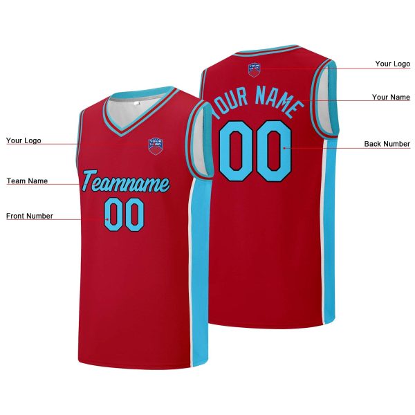 Individuelle Basketball-Jersey-Shorts für Männer und Frauen. Gestickter und gedruckter Name, Nummer und Logo Rot& Hellblau Rabatt – Bild 5