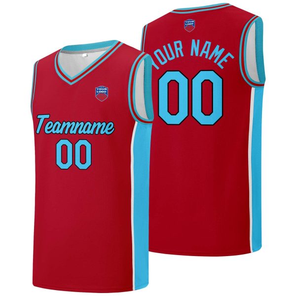 Individuelle Basketball-Jersey-Shorts für Männer und Frauen. Gestickter und gedruckter Name, Nummer und Logo Rot& Hellblau Rabatt