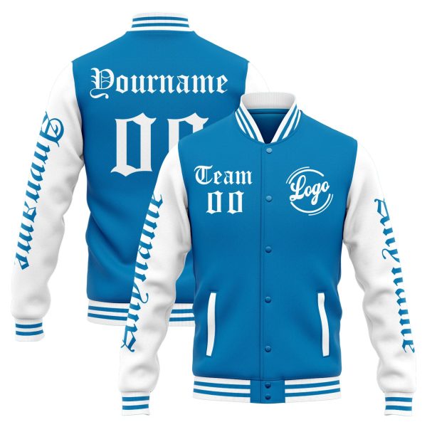 Benutzerdefinierte Varsity-Jacke. Letterman-Jacke für Männer, Frauen und Jugendliche Blau Weiß Rabatt