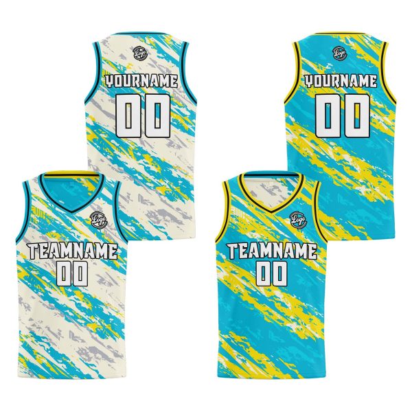 Benutzerdefinierte Creme Hellblau Reversible Basketball Jersey Personalisierte Print Name Nummer Logo Angebot