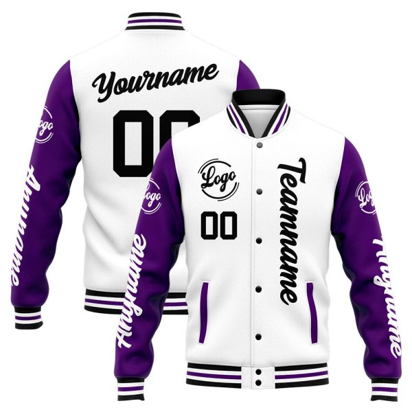 Benutzerdefinierte Varsity-Jacke. Letterman-Jacke für Männer, Frauen und Jugendliche Lila Weiß Mode