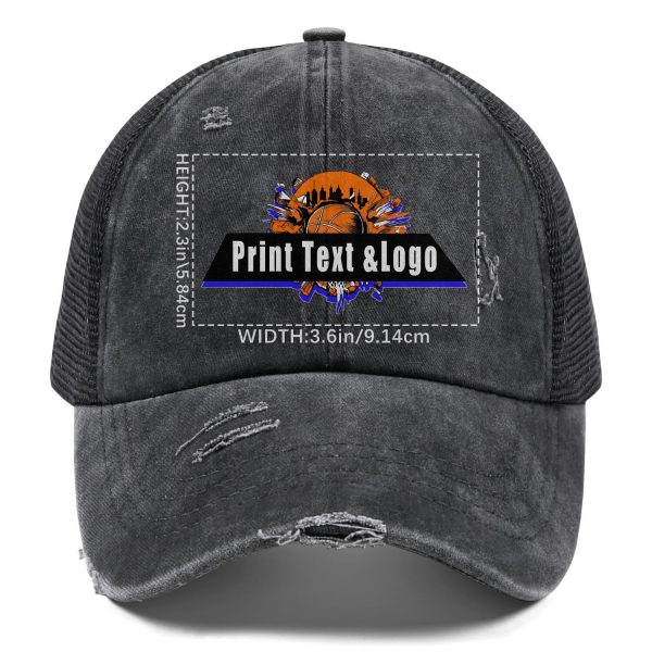 Kundenspezifisch Dunkelgrau gewaschener Mesh-Cowboy-Hut für Männer und Frauen mit Pferdeschwanz und Klettverschluss Kann mit Logo-Text bedruckt werden Online-Verkauf