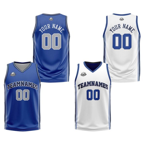 Benutzerdefinierte Blau Weiß Grau Reversible Basketball Jersey Personalisierte Print Name Nummer Logo Mode