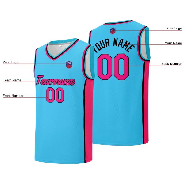 Individuelle Basketball-Jersey-Shorts für Männer und Frauen. Gestickter und gedruckter Name, Nummer und Logo Hellblau&Pink Online-Verkauf – Bild 5