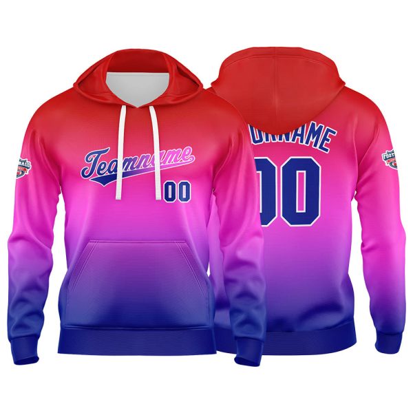 Benutzerdefinierter Verlauf Hoodie für Mann, Frau, Mädchen, Junge. Drucken Sie Ihr Logo, Ihren Namen und Ihre Nummer Rot Lila Blau Verkauf