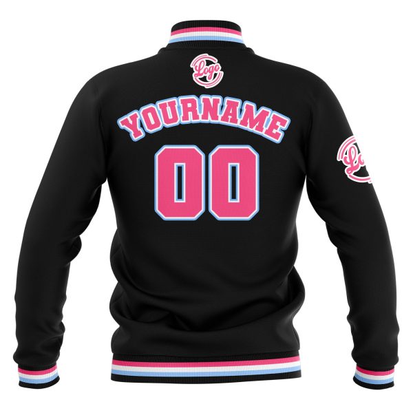 Benutzerdefiniert  Schwarz Rosa Hellblau Wasserdichte Varsity Jacken Personalisiert genäht Name Nummer Logo zu Letterman Jacken Zu verkaufen – Bild 3