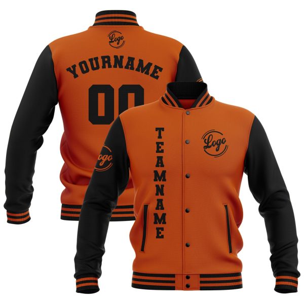 Benutzerdefiniert Schwarz Dunkel Orange Wasserdichte Varsity Jacken Personalisiert genäht Name Nummer Logo zu Letterman Jacken Angebot