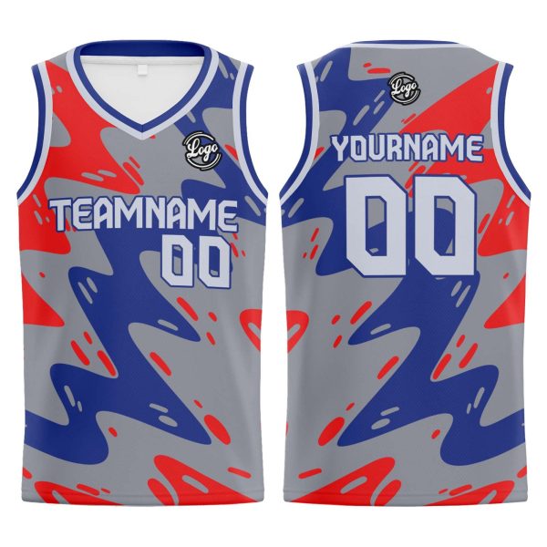 Benutzerdefinierter Grau Blau Rot Basketball Jersey Uniform Anzug gedruckt Ihr Logo Name Nummer Online-Schn?ppchen