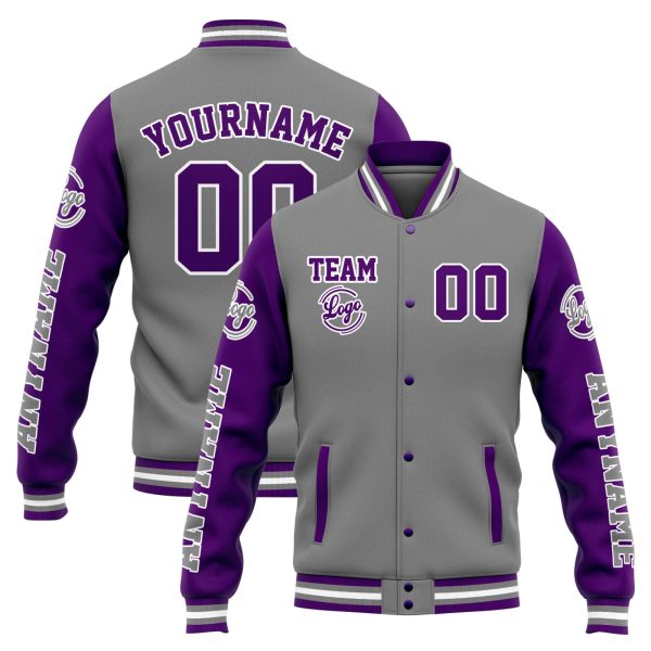 Benutzerdefinierte Varsity-Jacke. Letterman-Jacke für Männer, Frauen und Jugendliche Grau Lila Im Angebot